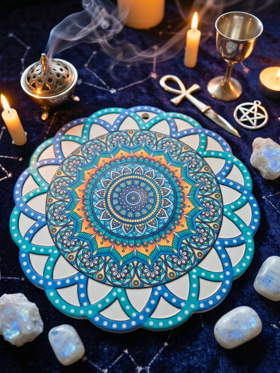 Blue Mandala Altar Plate ✧ Sacred Geometry Ritual Plate