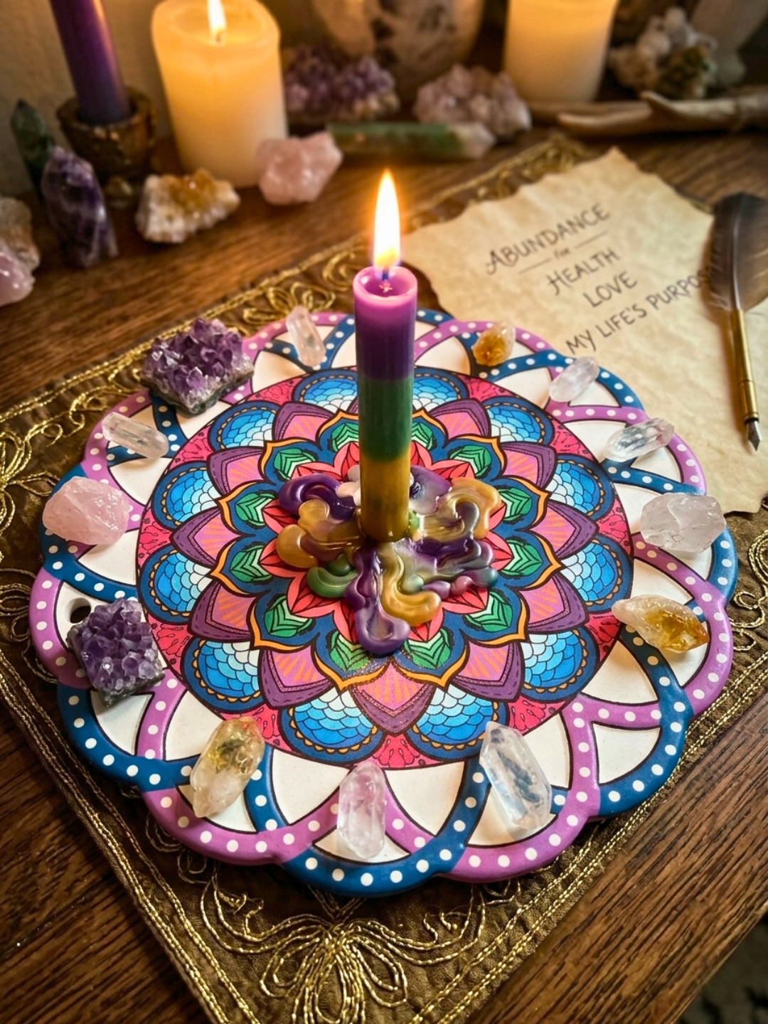 Rainbow Mandala Altar Plate ✧ Sacred Geometry Ritual Plate