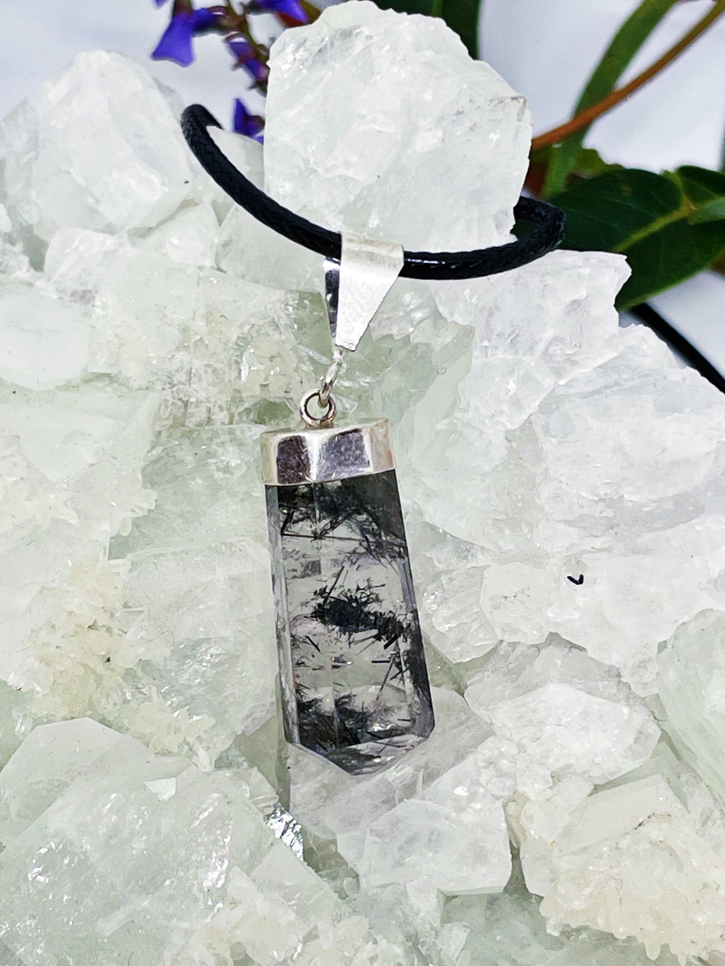 Sterling Silver Black Tourmaline in Quartz Point Pendants