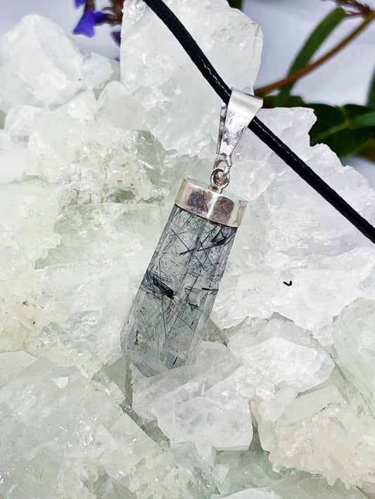 Sterling Silver Black Tourmaline in Quartz Point Pendants