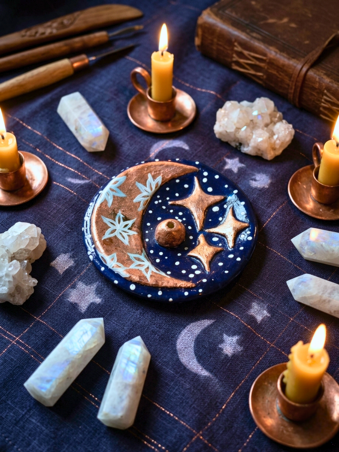 Crescent Moon & Stars Ritual Incense Dish ✧ Handmade