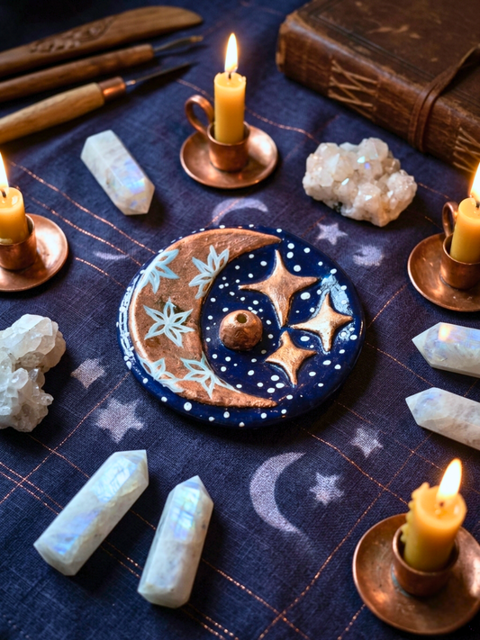 Crescent Moon & Stars Ritual Incense Dish ✧ Handmade