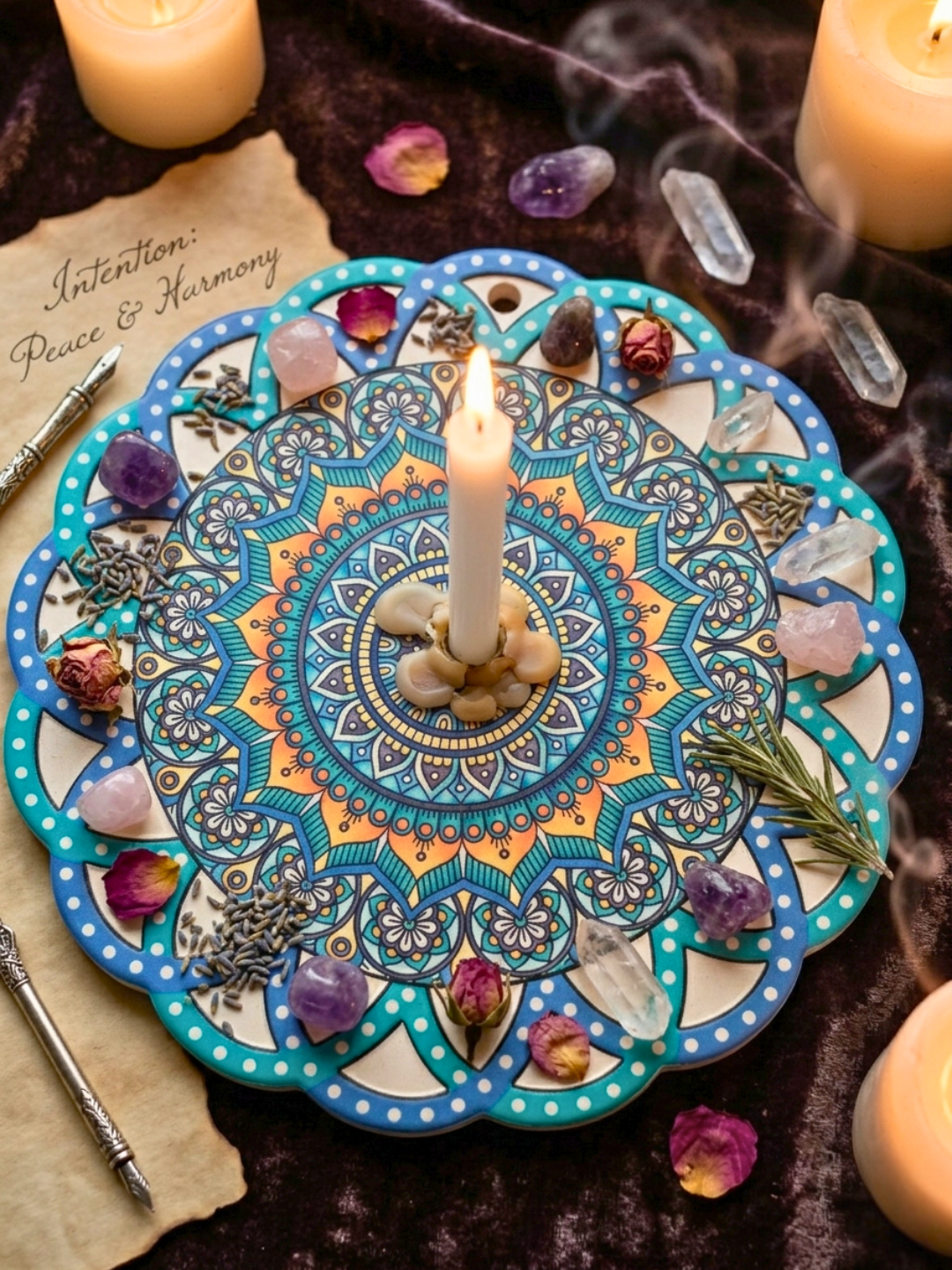 Blue Mandala Altar Plate ✧ Sacred Geometry Ritual Plate