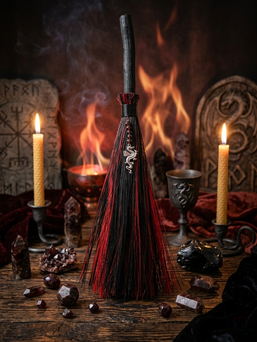 Red Besom ✧ Garnet & Dragon Charm