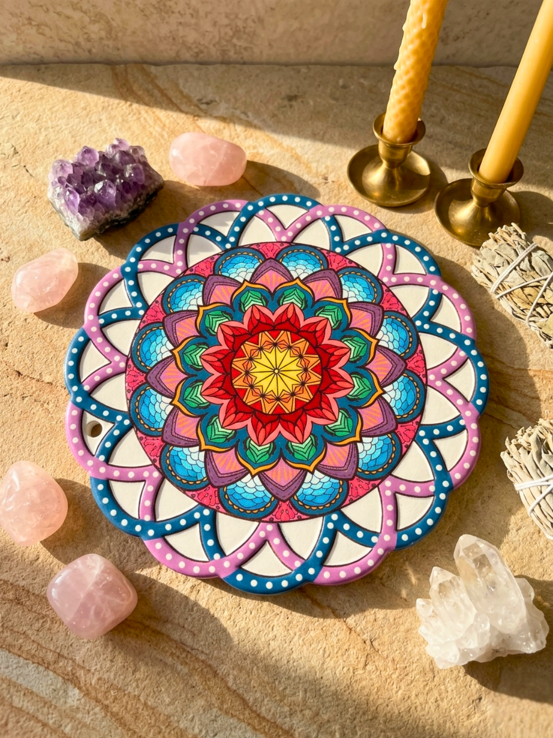 Rainbow Mandala Altar Plate ✧ Sacred Geometry Ritual Plate