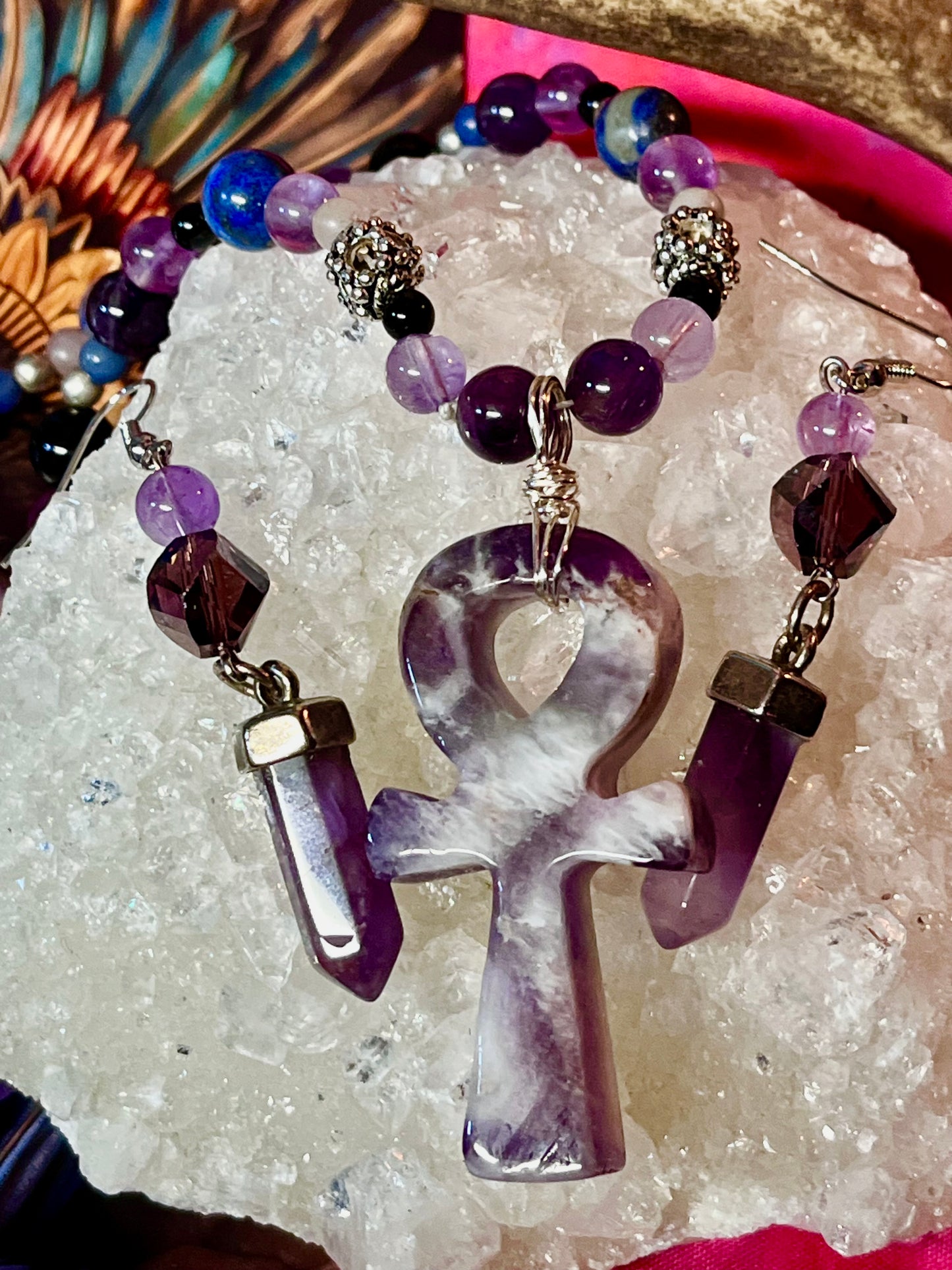 Ankh Hand Knotted Gemstone Necklace - Chevron Amethyst