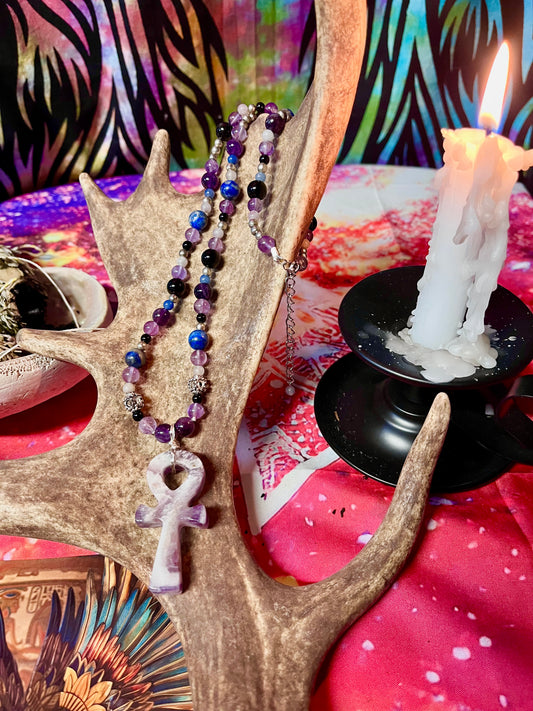 Ankh Hand Knotted Gemstone Necklace - Chevron Amethyst