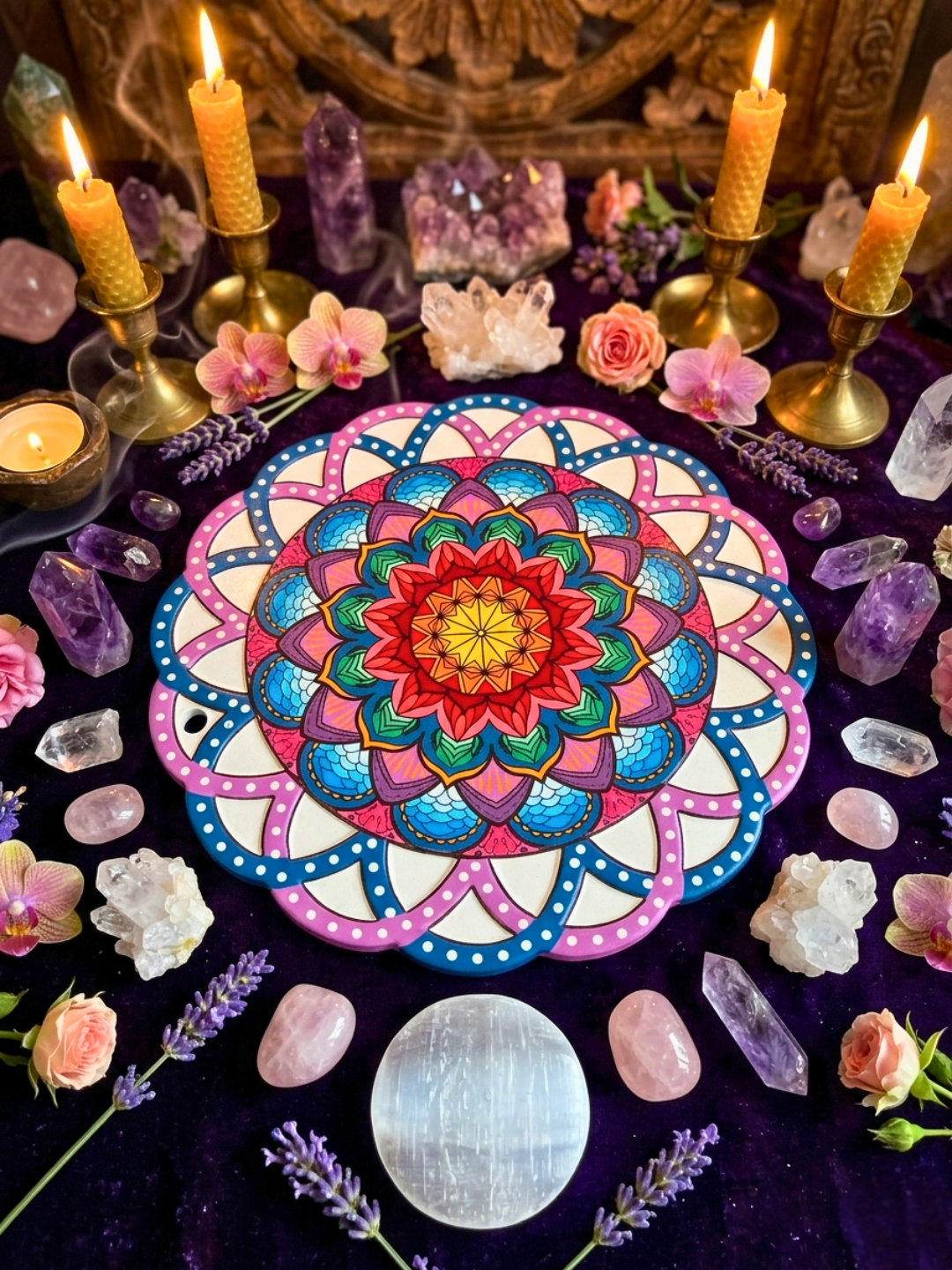 Rainbow Mandala Altar Plate ✧ Sacred Geometry Ritual Plate