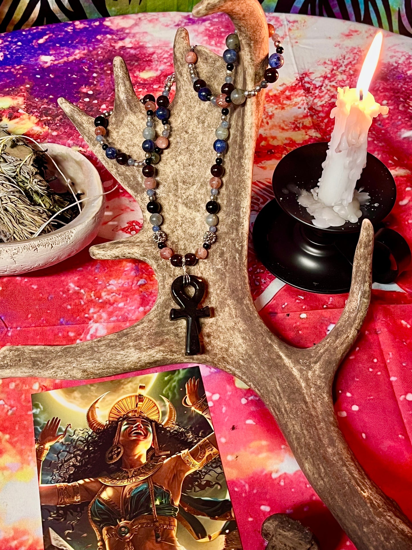 Ankh Hand Knotted Gemstone Necklace -Silver Obsidian