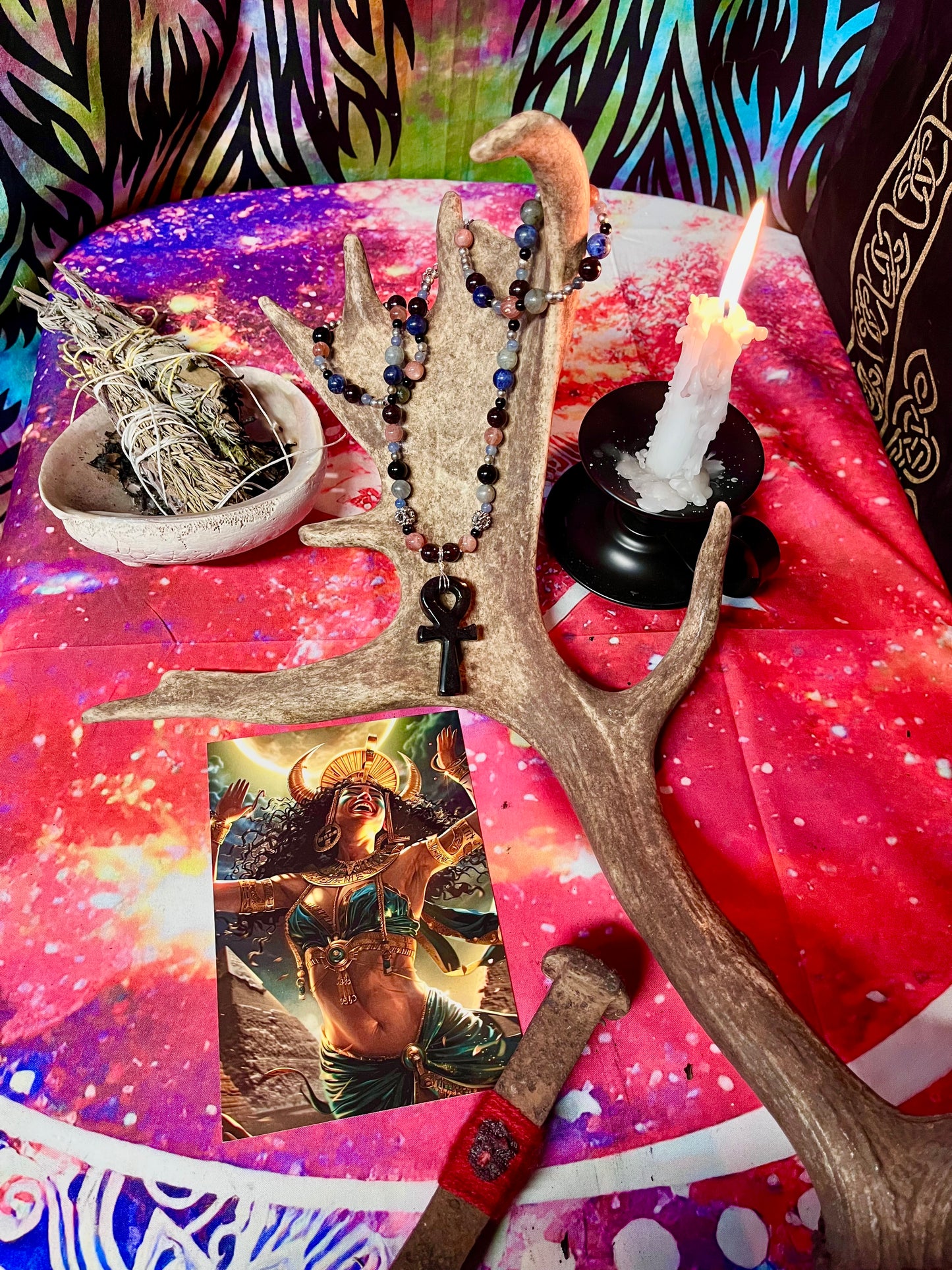 Ankh Hand Knotted Gemstone Necklace -Silver Obsidian