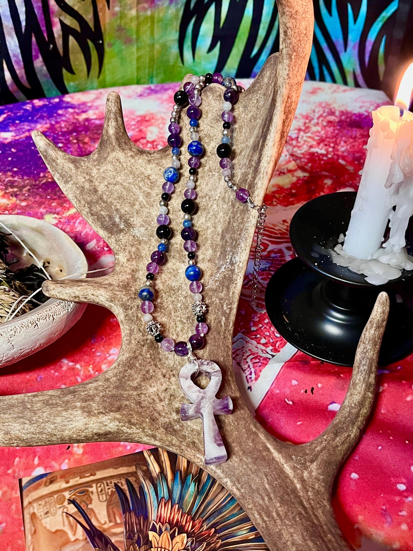 Ankh Hand Knotted Gemstone Necklace - Chevron Amethyst