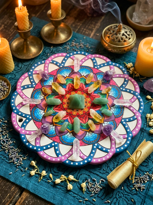 Rainbow Mandala Altar Plate ✧ Sacred Geometry Ritual Plate