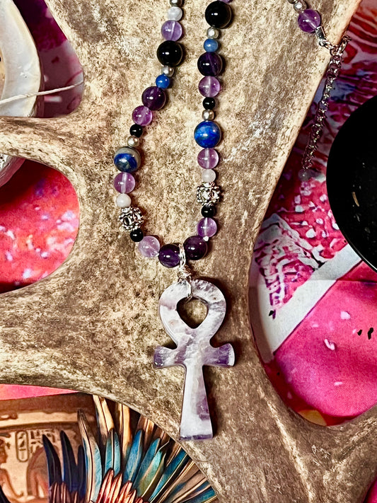 Ankh Hand Knotted Gemstone Necklace - Chevron Amethyst