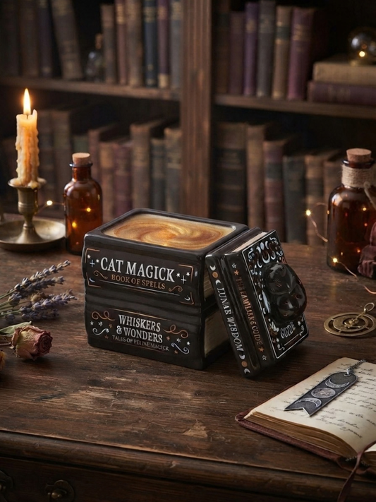 A black cat stack of spell books wax warmer and oil burner styled on a rustic wooden table with a candle, potion bottles, and an open book in the background. Written of each spine is "The Familiars Guide", "Lunar Wisdom", "Cat Magick Book of Spells", "Whiskers & Wonders, Tales of Feline Magick". 