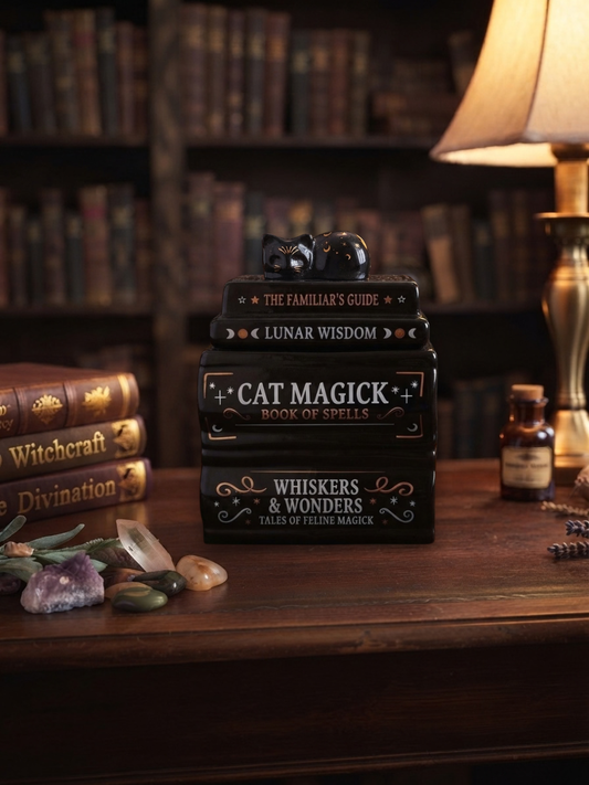 An oil burner and wax warmer which looks like a stack of four decorative books titled 'The Familiar's Guide', 'Lunar Wisdom', 'Cat Magick: Book of Spells', and 'Whiskers & Wonders' sits on a wooden table in a dimly lit library or study. The scene includes crystals, a lit lamp, and other themed books in the background.