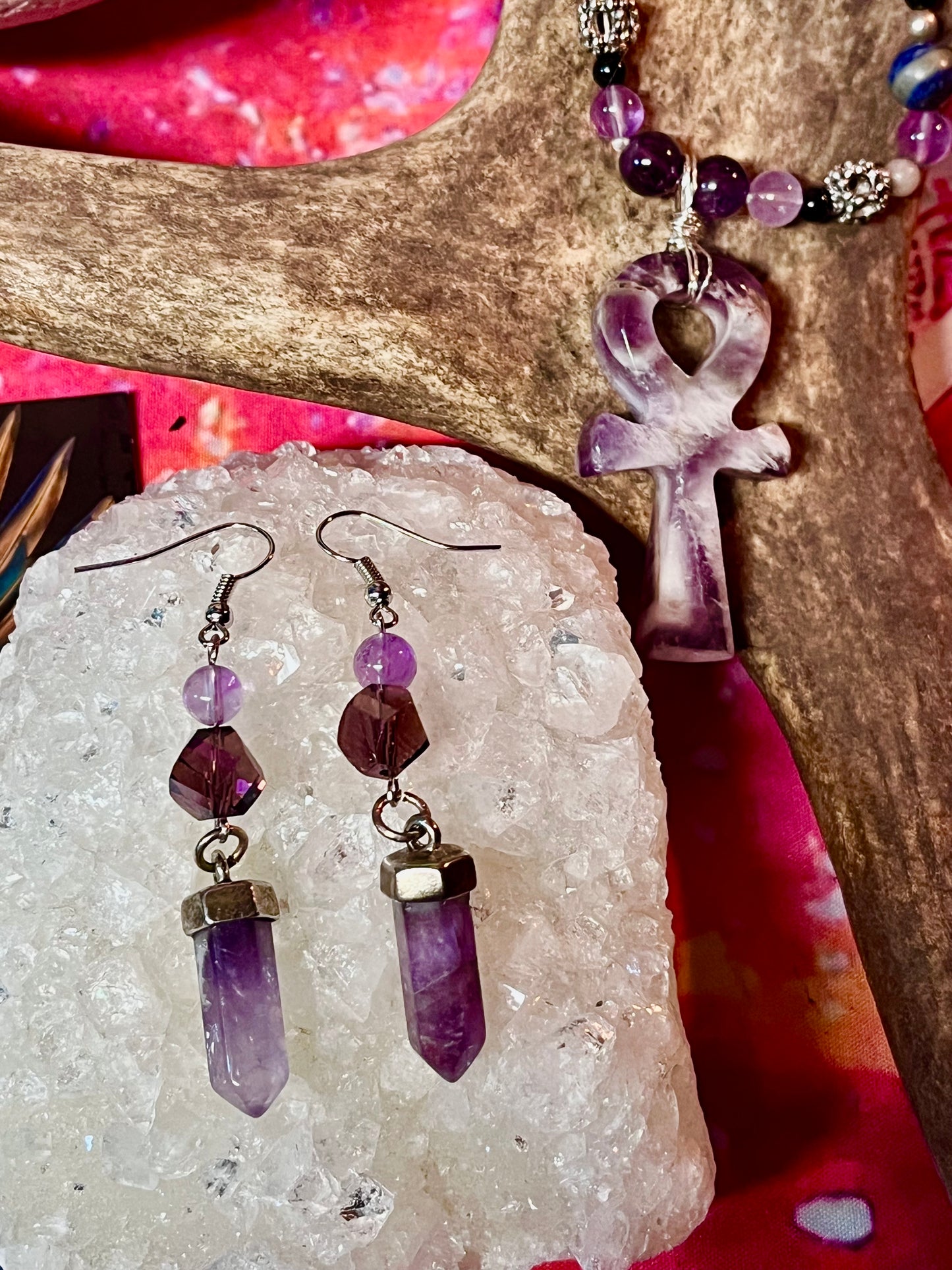 Ankh Hand Knotted Gemstone Necklace - Chevron Amethyst