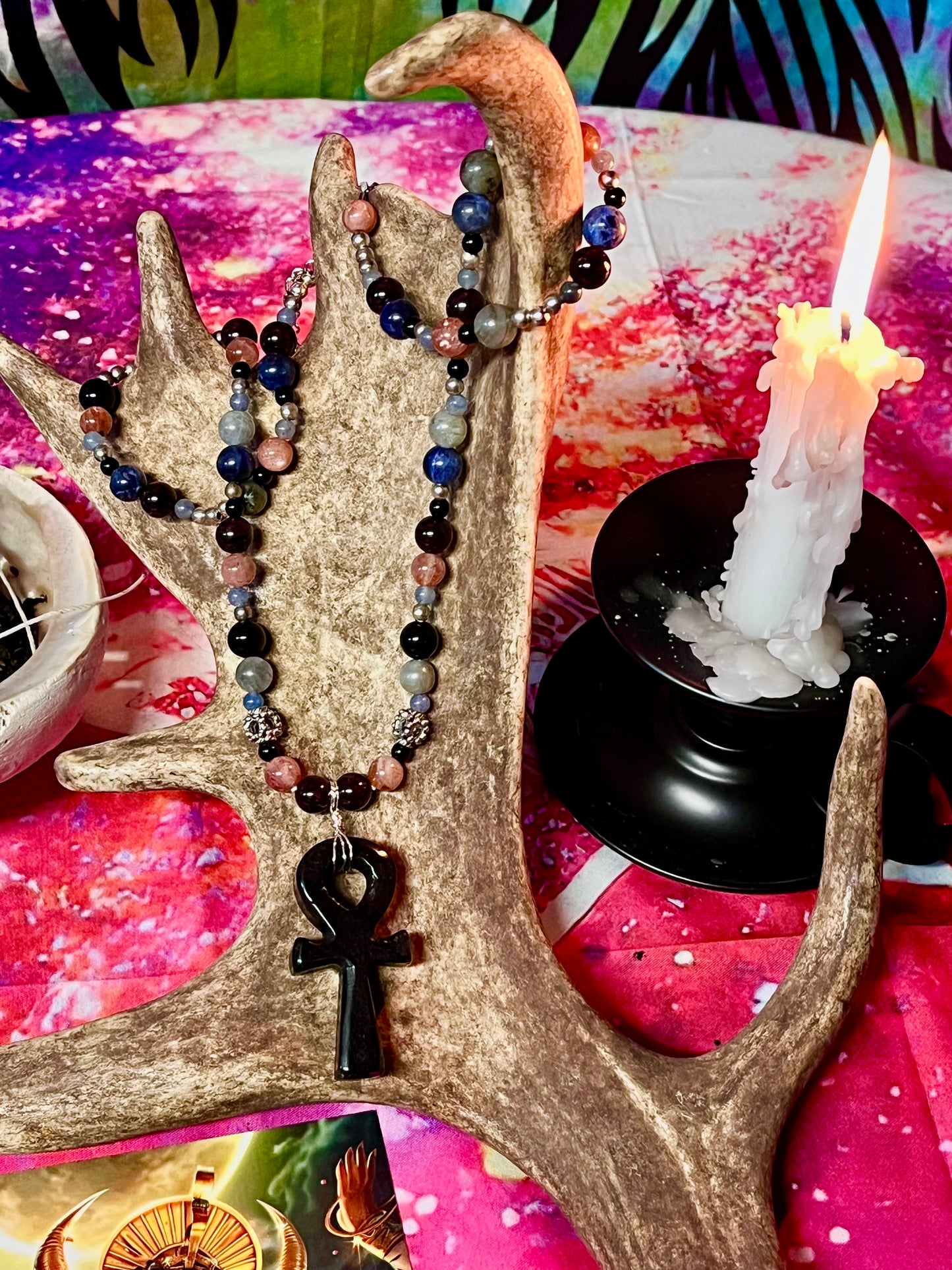 Ankh Hand Knotted Gemstone Necklace -Silver Obsidian