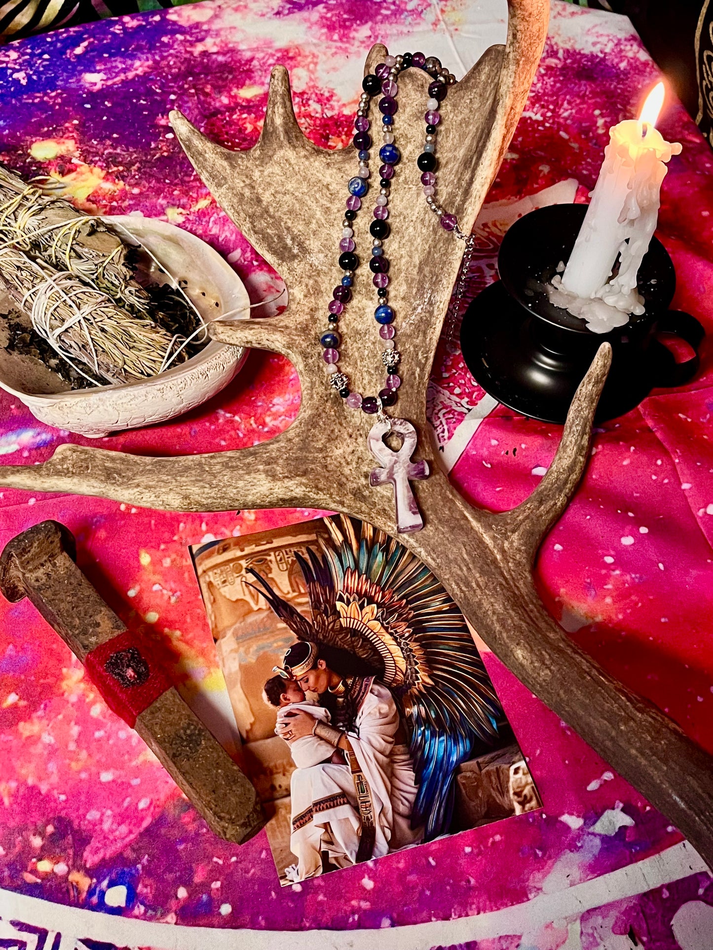 Ankh Hand Knotted Gemstone Necklace - Chevron Amethyst