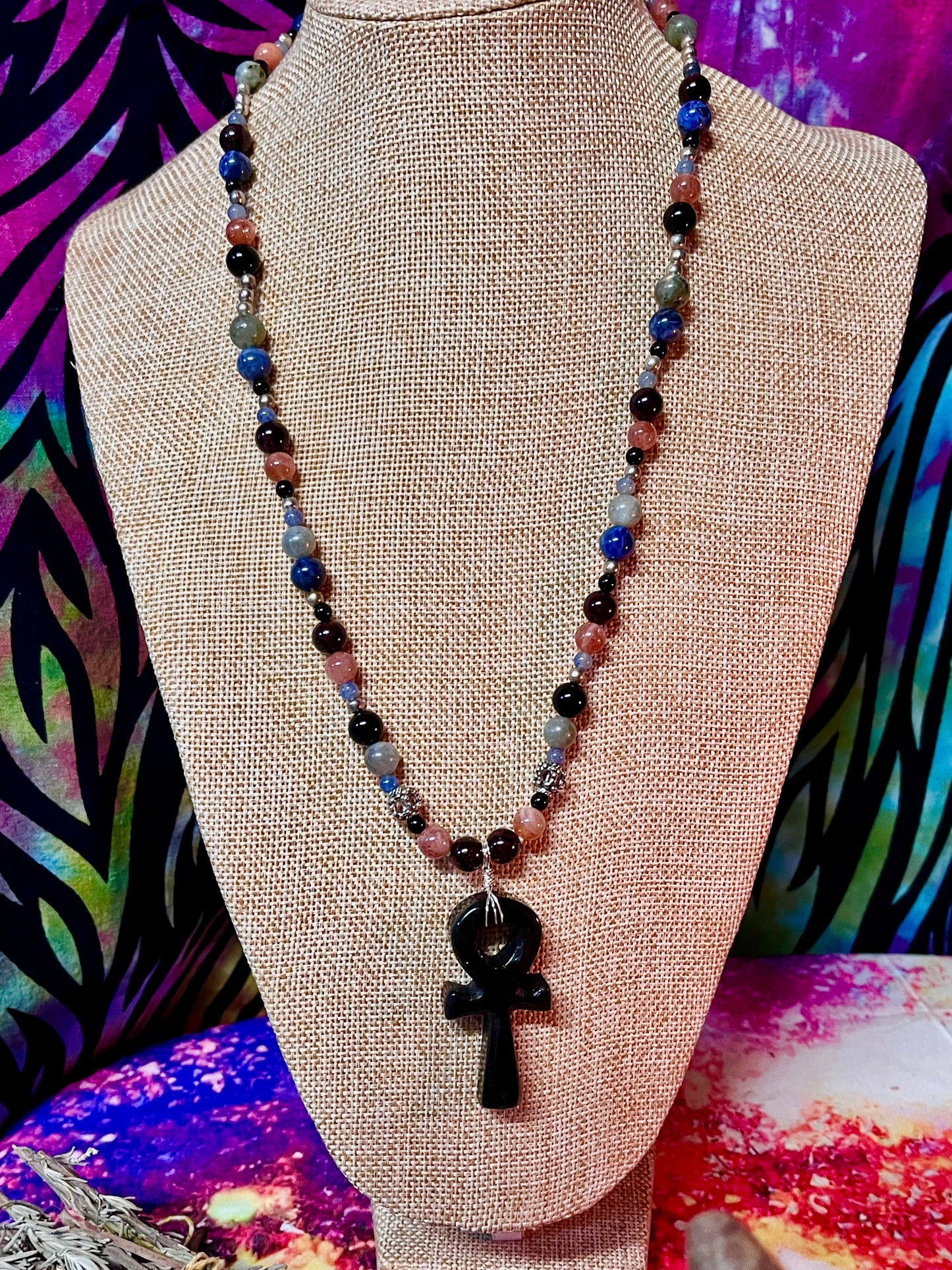 Ankh Hand Knotted Gemstone Necklace -Silver Obsidian
