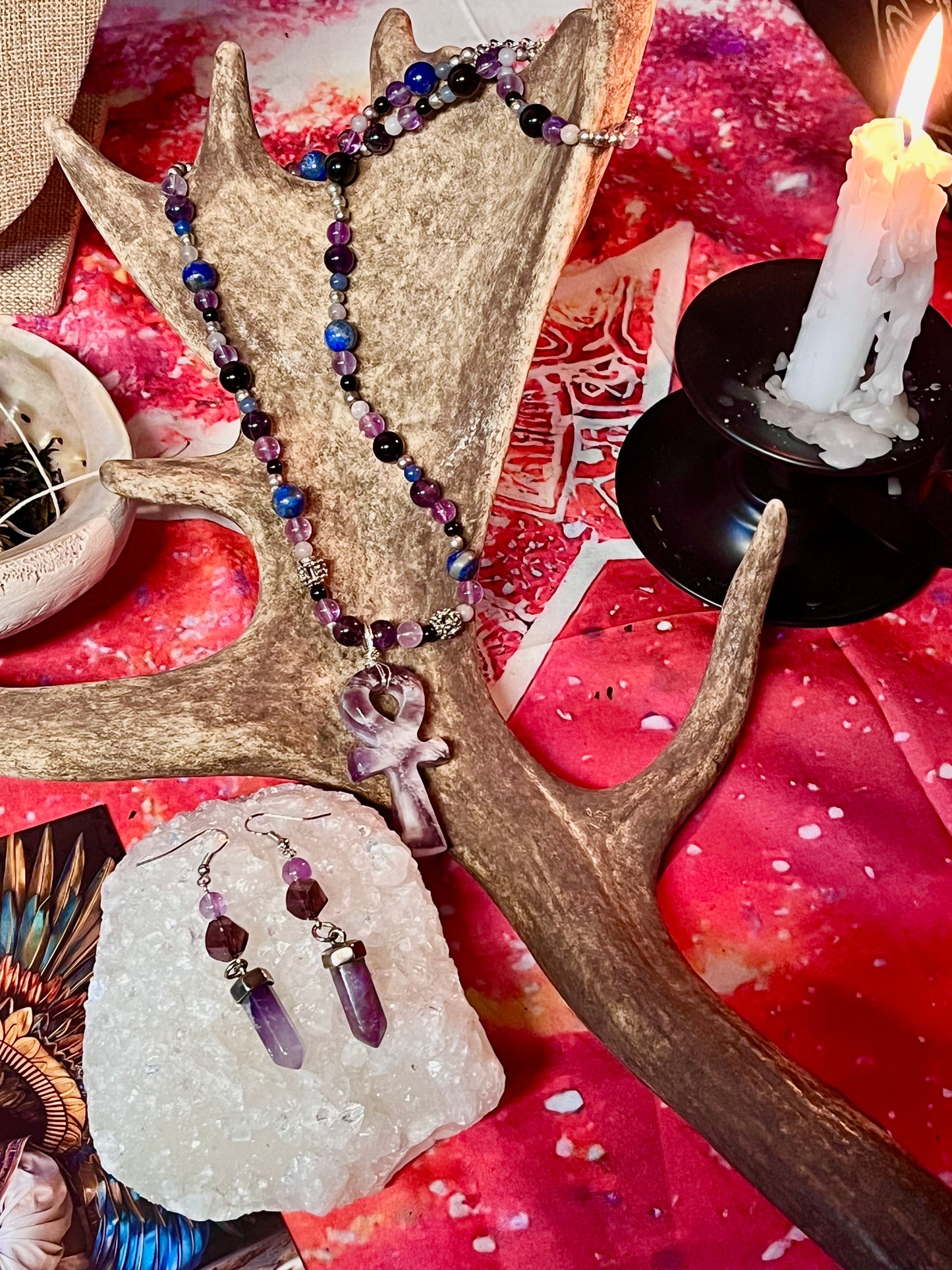 Ankh Hand Knotted Gemstone Necklace - Chevron Amethyst