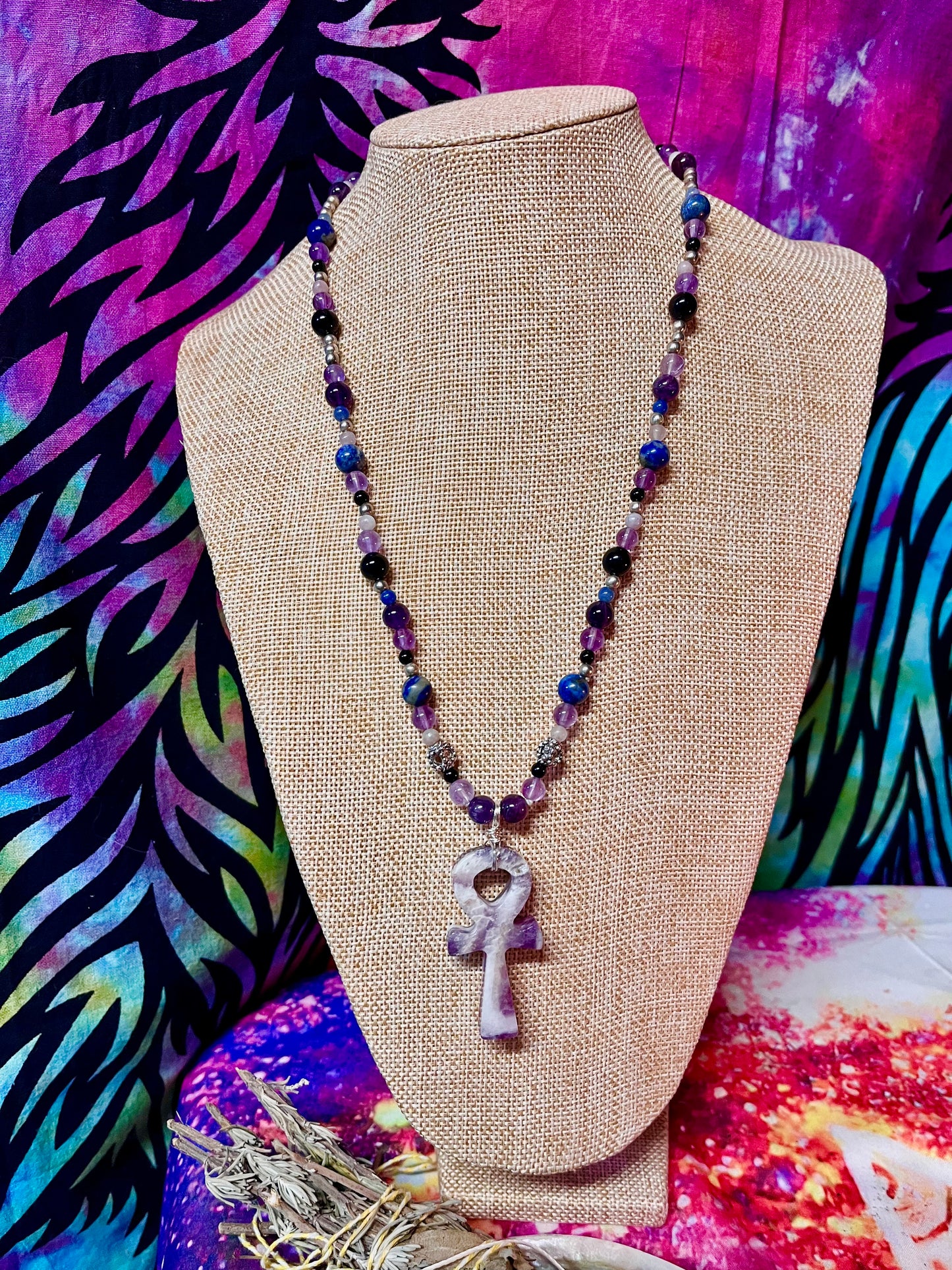 Ankh Hand Knotted Gemstone Necklace - Chevron Amethyst