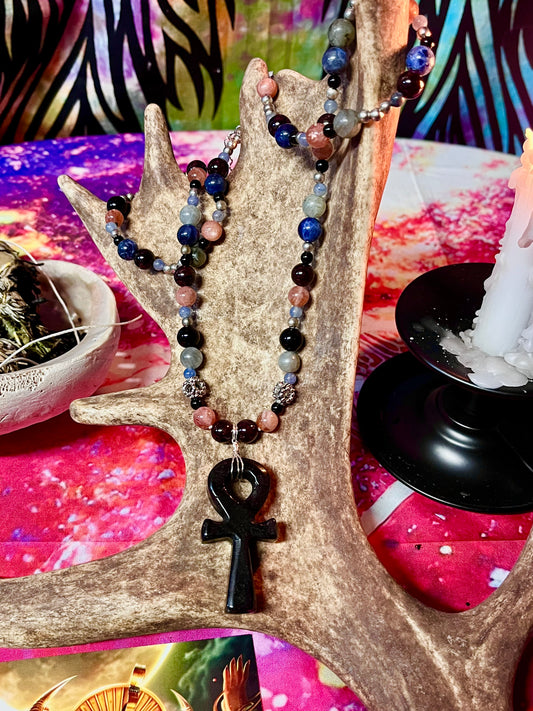 Ankh Hand Knotted Gemstone Necklace -Silver Obsidian