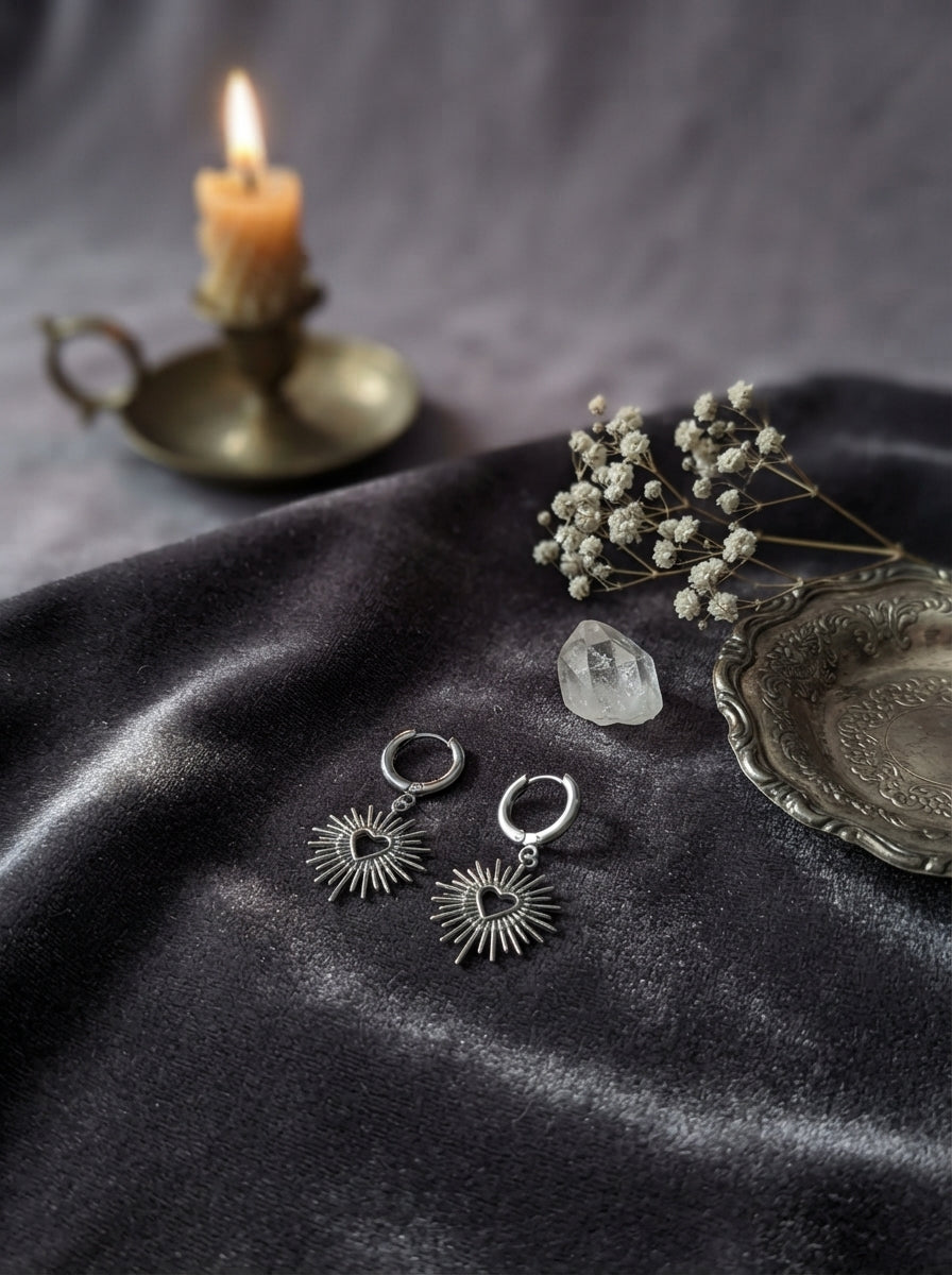 Silver Heart Sunburst Earrings
