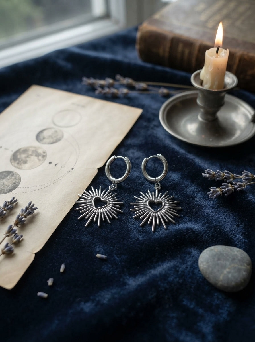Silver Heart Sunburst Earrings