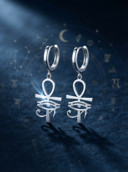 Silver Eye of Horus & Ankh Huggie Earrings