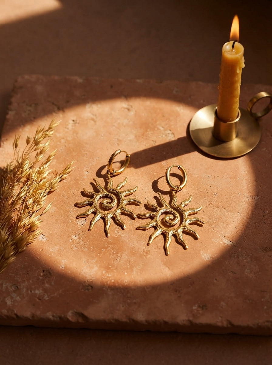 Gold Spiral Sun Earrings