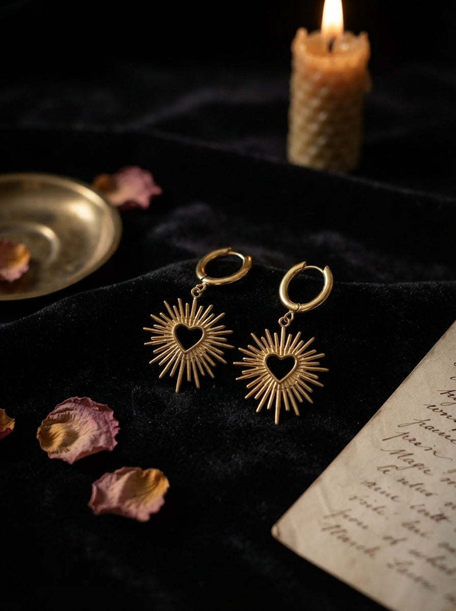 Gold Heart Sunburst Huggie Earrings