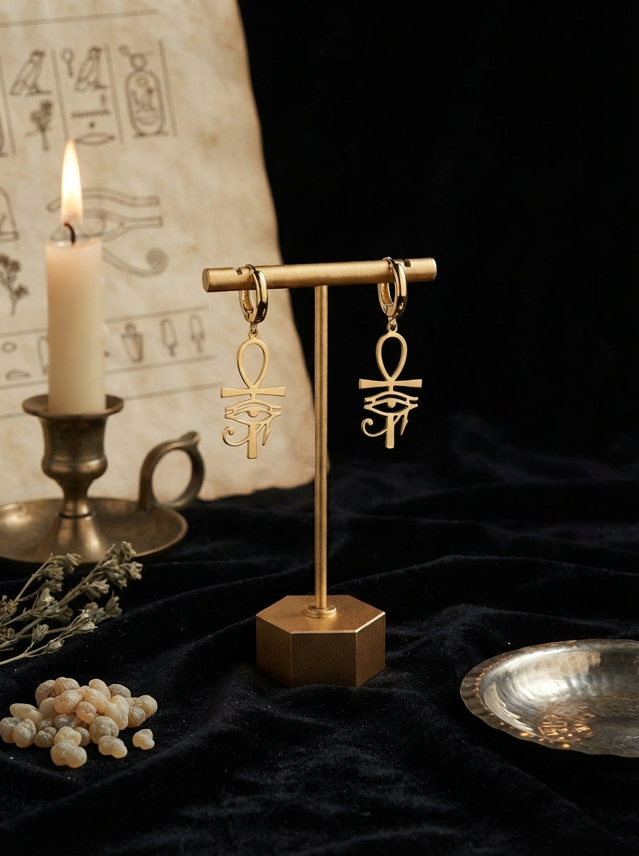 Gold Eye of Horus & Ankh Huggie Earrings