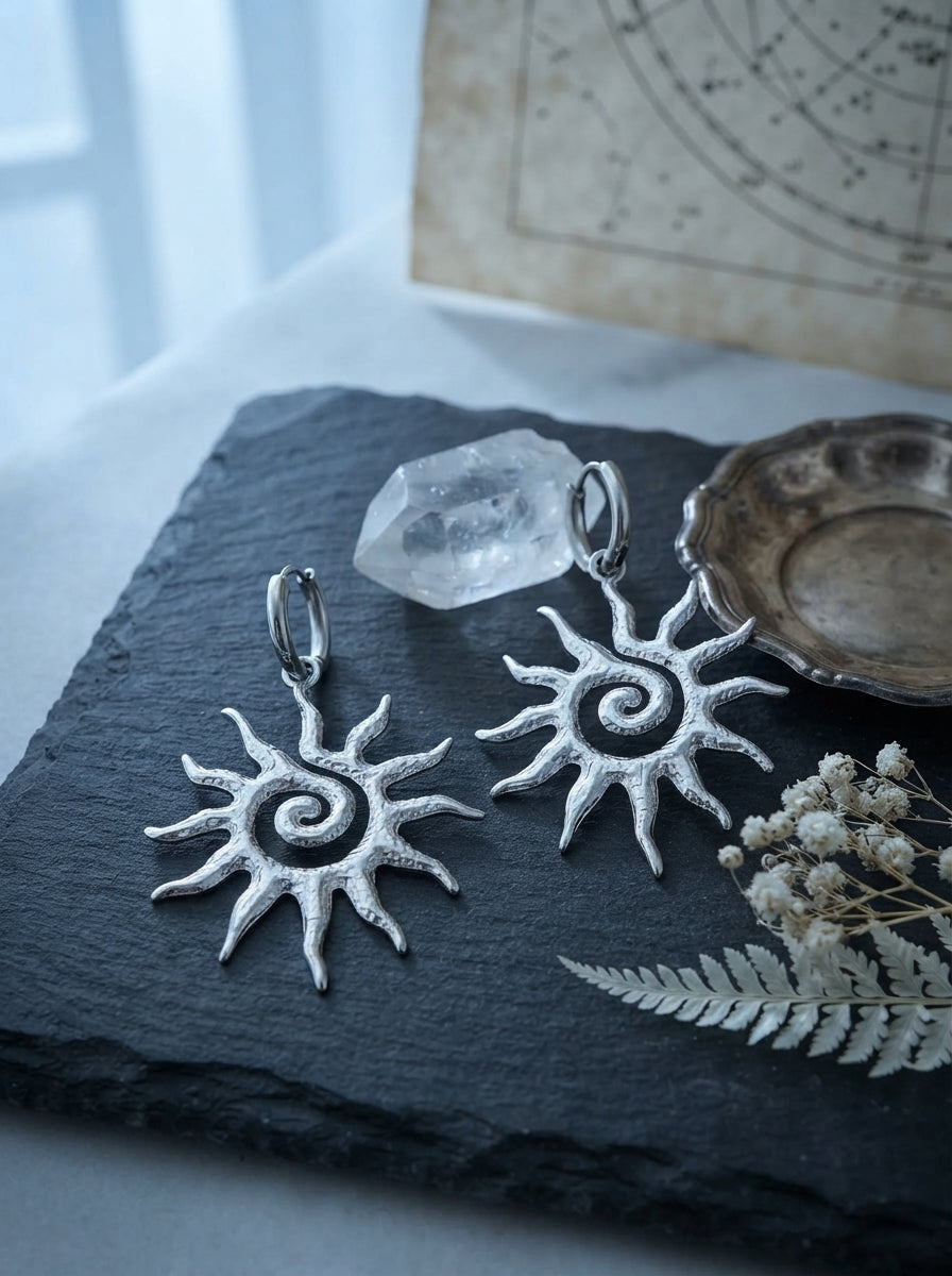 Silver Spiral Sun Huggie Earrings