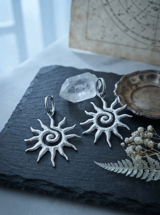 Silver Spiral Sun Huggie Earrings