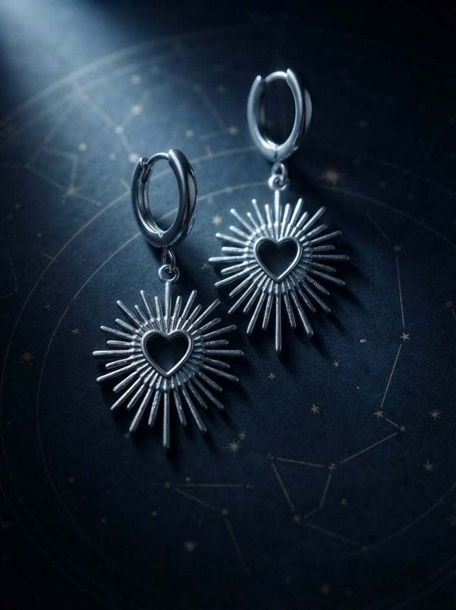 Silver Heart Sunburst Earrings
