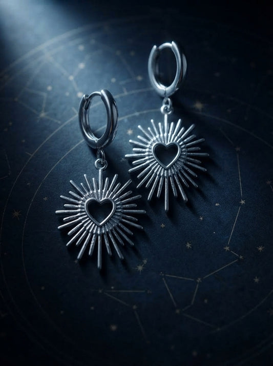 Silver Heart Sunburst Earrings