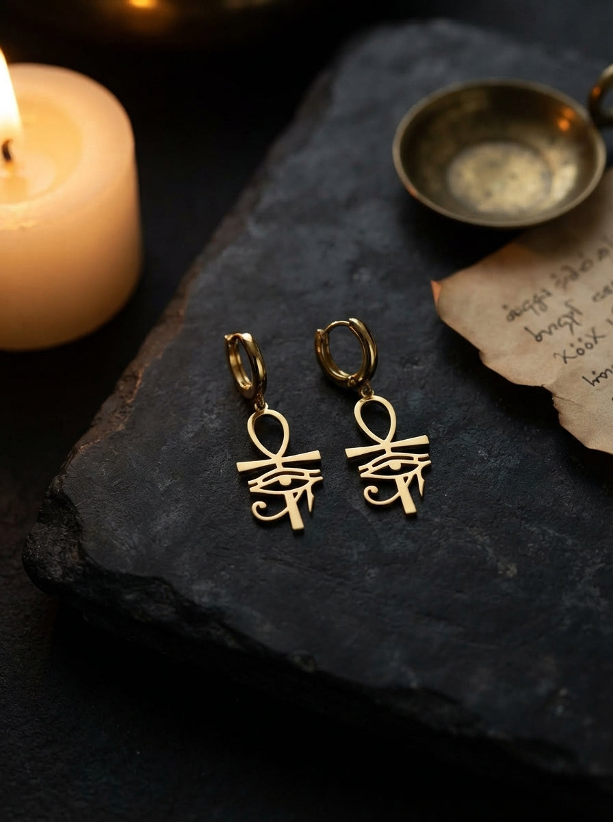 Gold Eye of Horus & Ankh Huggie Earrings