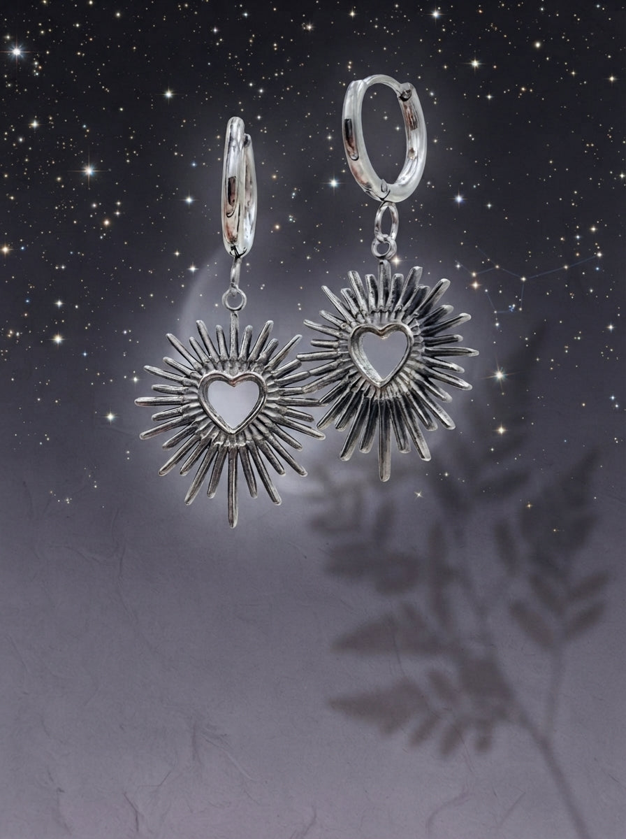 Silver Heart Sunburst Earrings