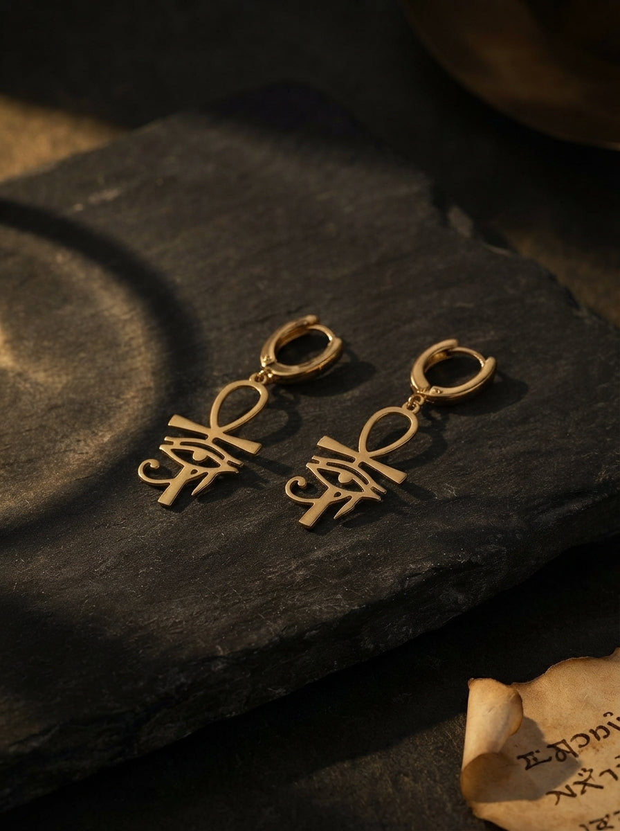 Gold Eye of Horus & Ankh Huggie Earrings