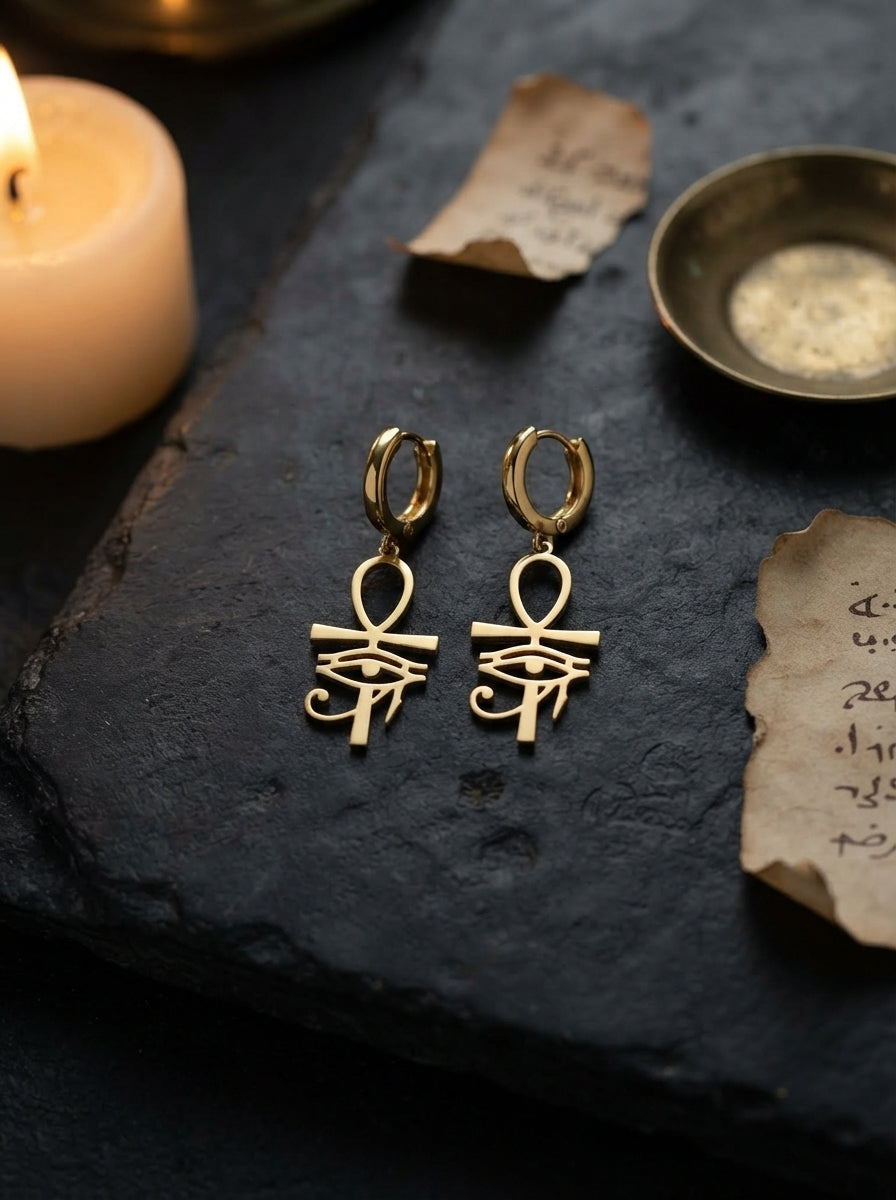 Gold Eye of Horus & Ankh Huggie Earrings