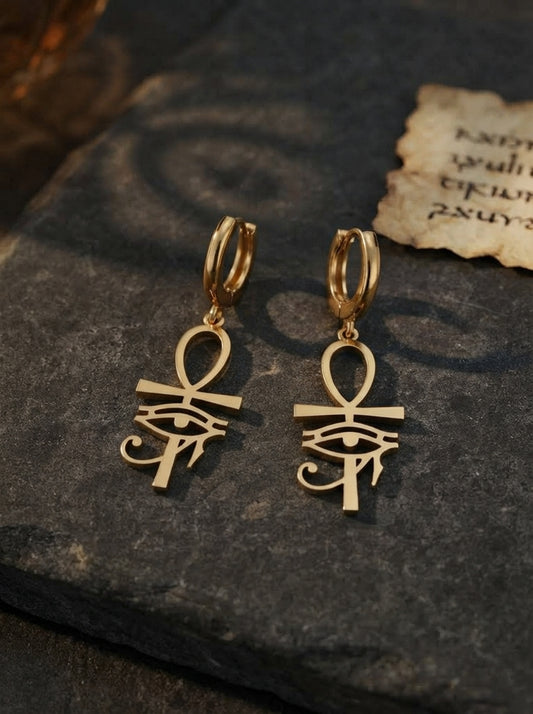 Gold Eye of Horus & Ankh Huggie Earrings