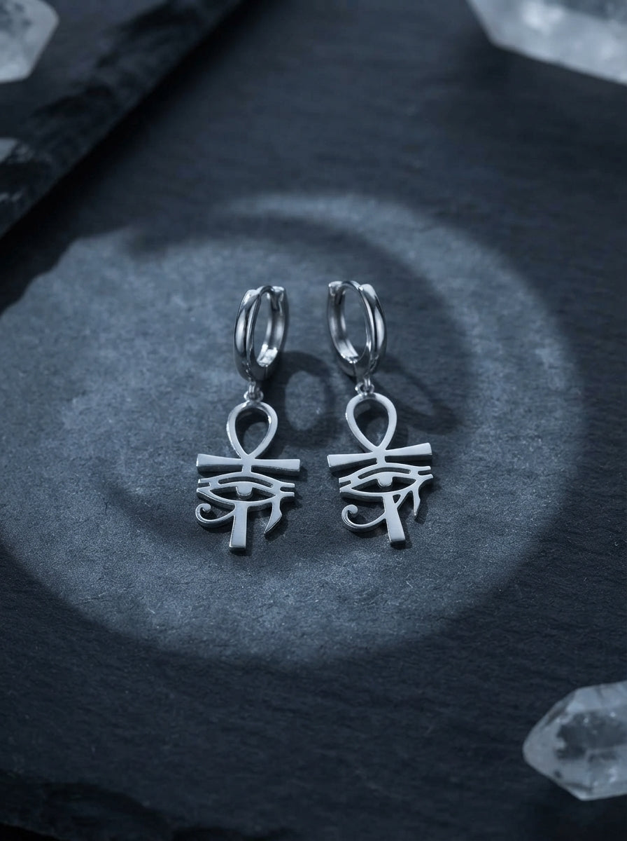 Silver Eye of Horus & Ankh Huggie Earrings