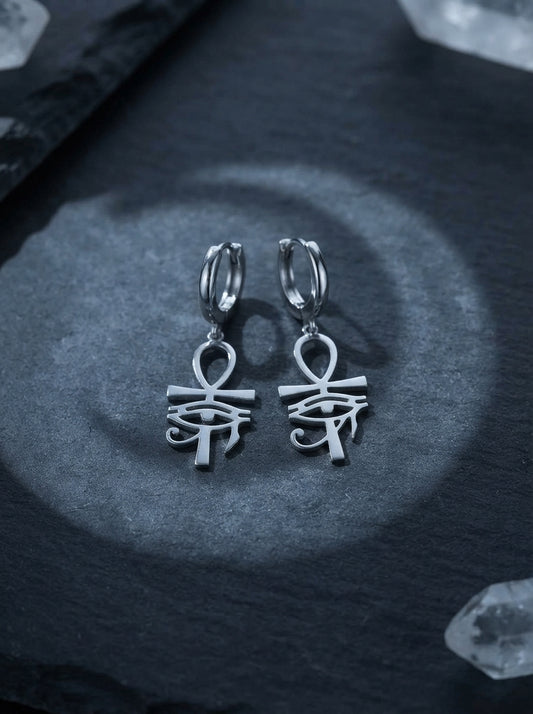 Silver Eye of Horus & Ankh Huggie Earrings