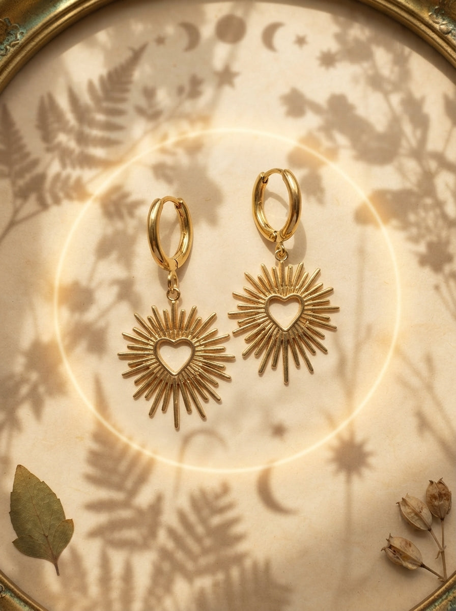 Gold Heart Sunburst Huggie Earrings