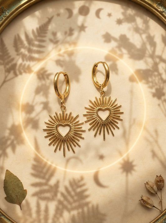 Gold Heart Sunburst Huggie Earrings