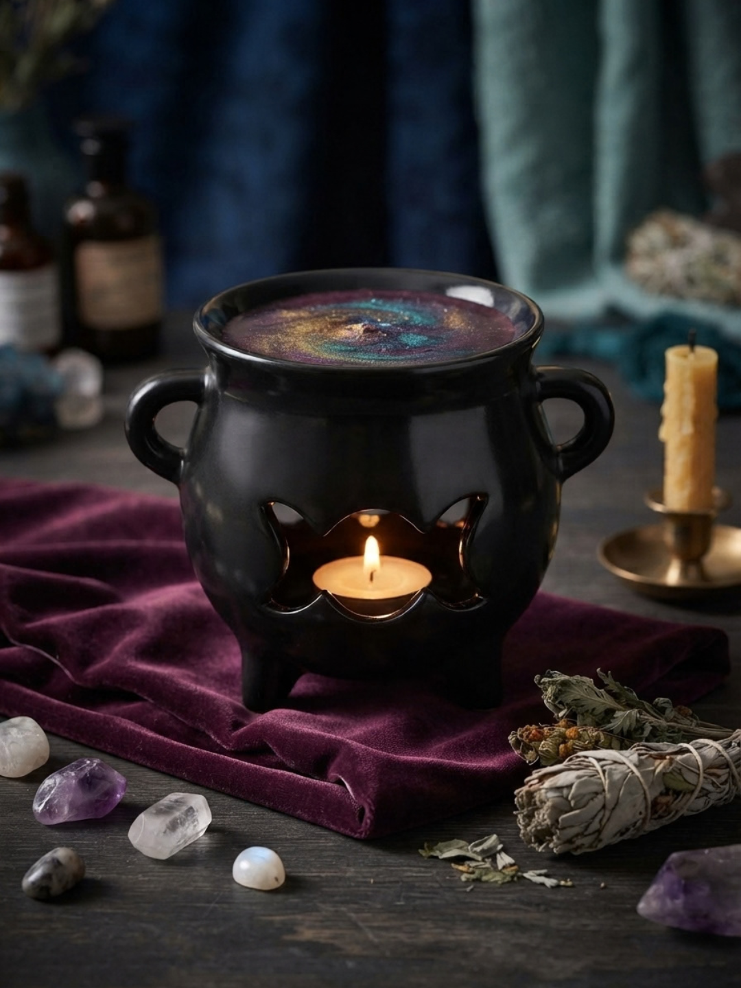 A black ceramic triple-foot wax warmer and oil burner with side handles, shown lit with a tealight candle inside. The warmer contains a colourful galaxy-patterned wax melt.
