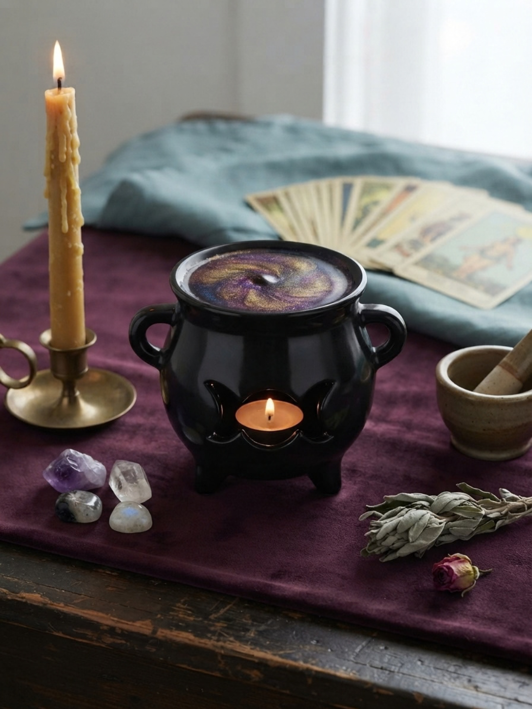 A black cauldron-shaped candle wax warmer and oil burner with a lit candle inside, styled on a dark purple cloth with crystals, a tall melting candle, tarot cards, and dried herbs.