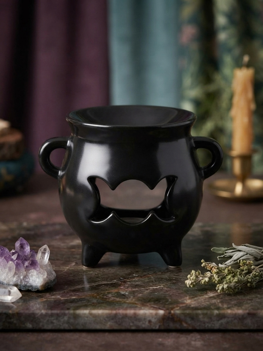 A black ceramic cauldron-shaped oil burner/wax warmer with side handles and a triple moon cutout in the center, displayed on a stone surface with crystals, dried herbs, and a blurred background.