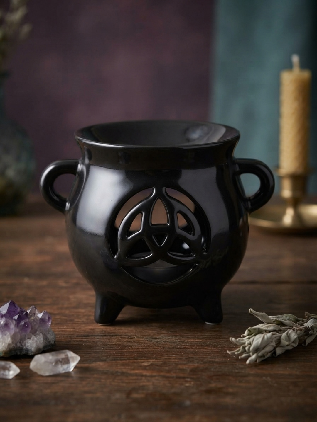 Ceramic Triquetra Cauldron Oil Burner with triquetra cut-out design