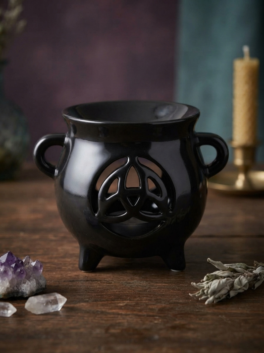 Ceramic Triquetra Cauldron Oil Burner with triquetra cut-out design